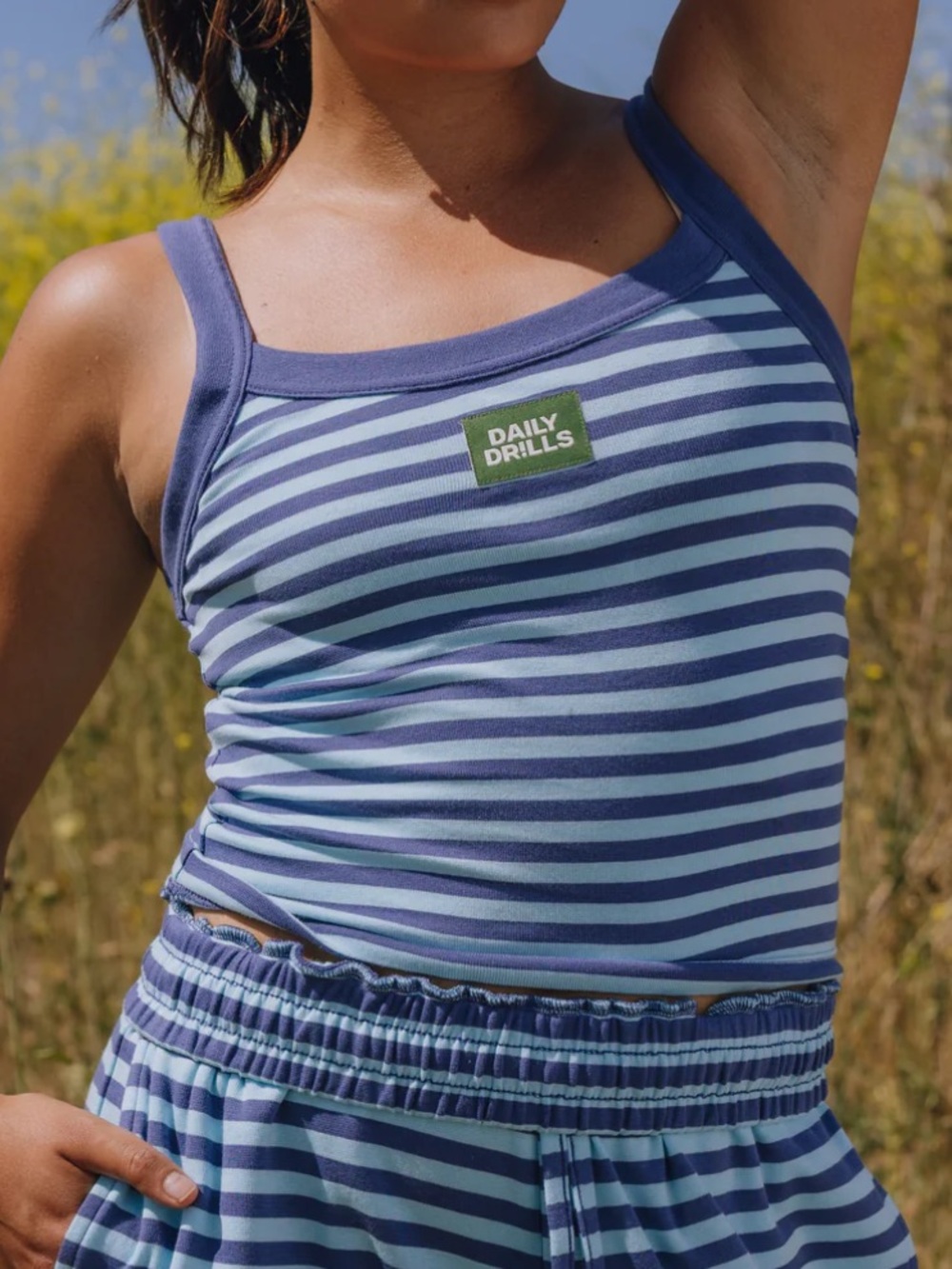 Daily Drills Striped Logo Everyday Tank - Malibu + Navy with Navy Binding